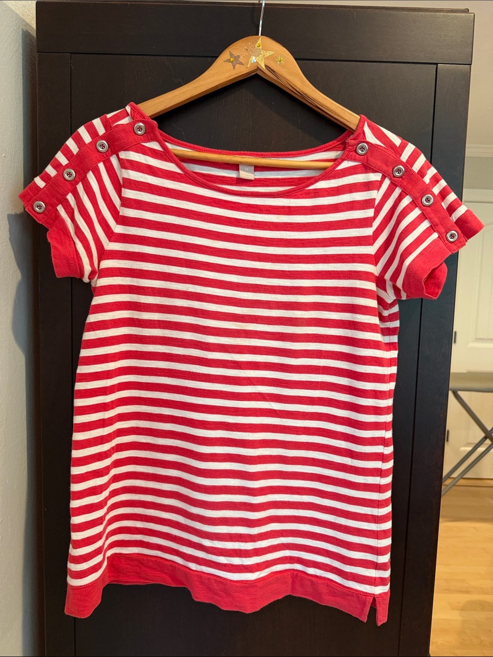 Banana Republic Red & White Striped Short Sleeve Tee with Button Shoulder